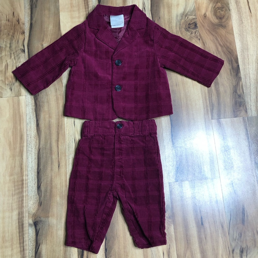 Burgundy/wine 0-3 months 2 pc suit corduroy plaid lined jacket First Impressions